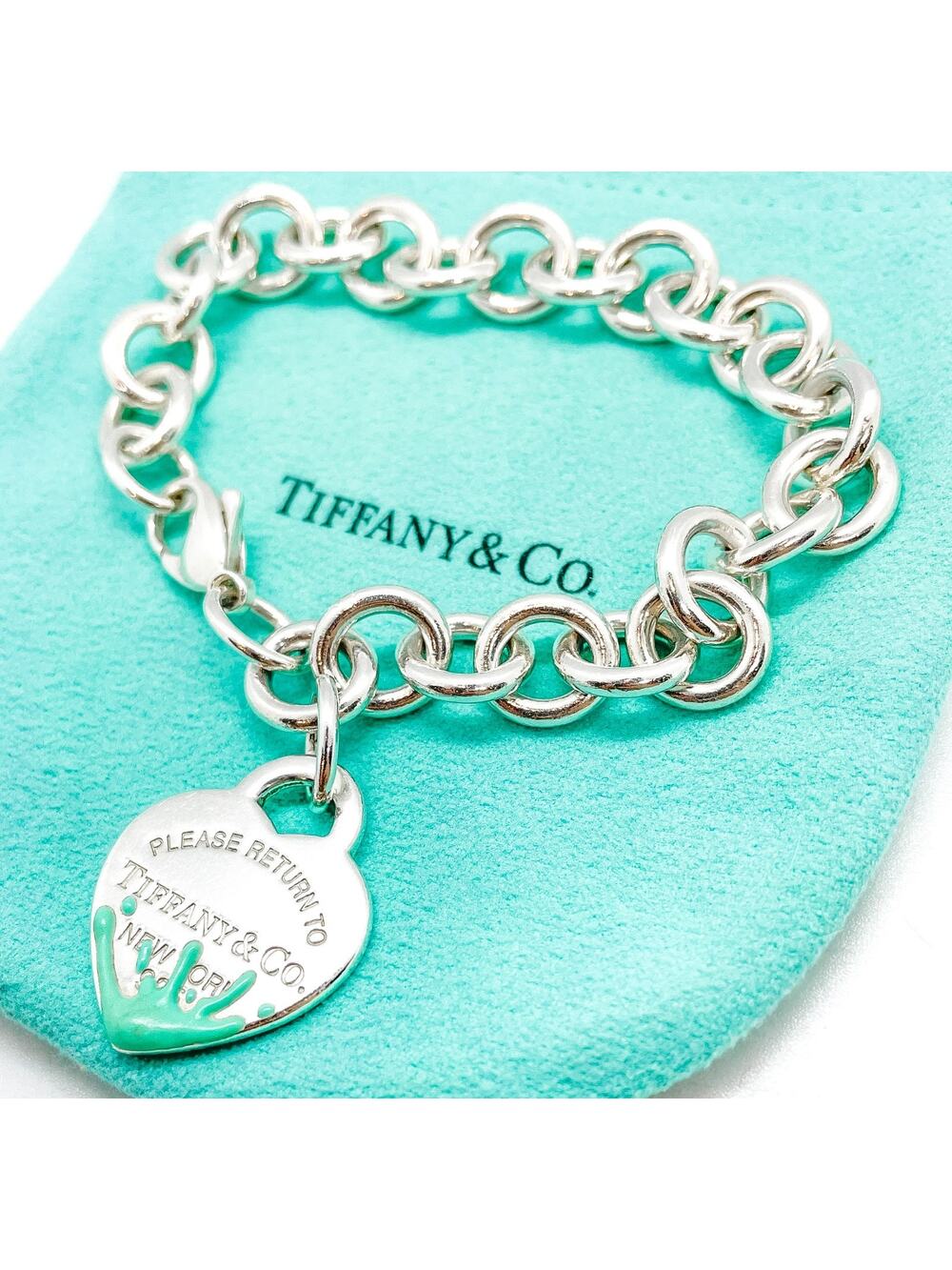 Tiffany & Co Return to Tiffany Blue Enamel Splash Heart Tag Bracelet 6.75"